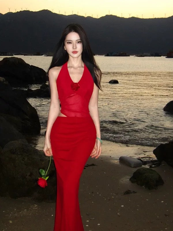 Sexy Mermaid Halter Red Chiffon Beach Holiday Outfits Chiffon Long Date Night 19th Birthday Outfit Formal Dresses RB5729