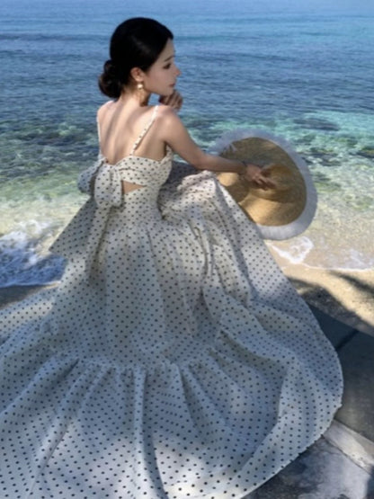 Modest A line Spaghetti Strap Polka Dots Chiffon Beach Holiday Outfits Long Date Night 19th Birthday Outfit Formal Dresses RB5730