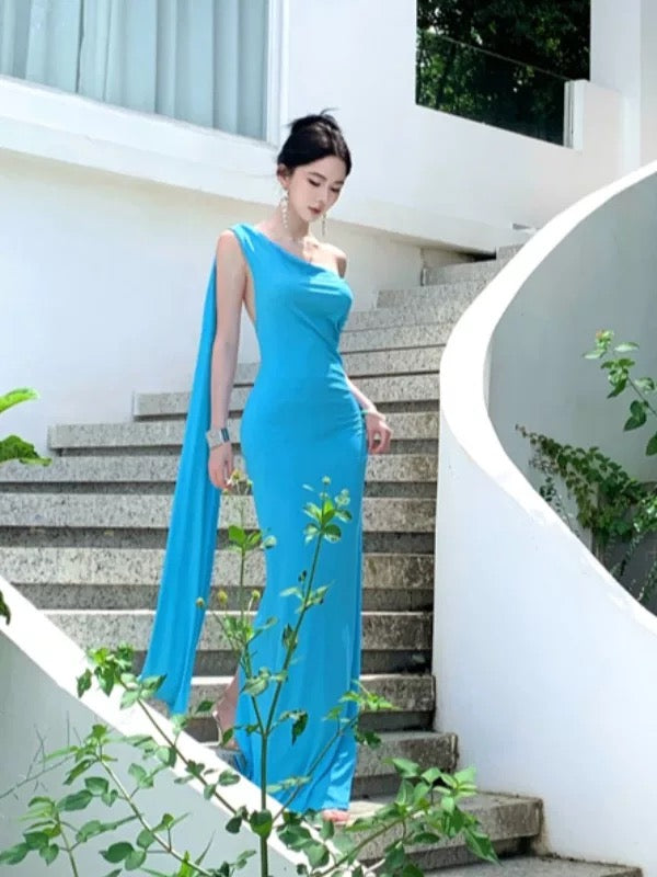 Sexy Mermaid One Shoulder Blue Chiffon Cruise Ship Formal Night Evening Dresses 18th Birthday Outfit RB5732