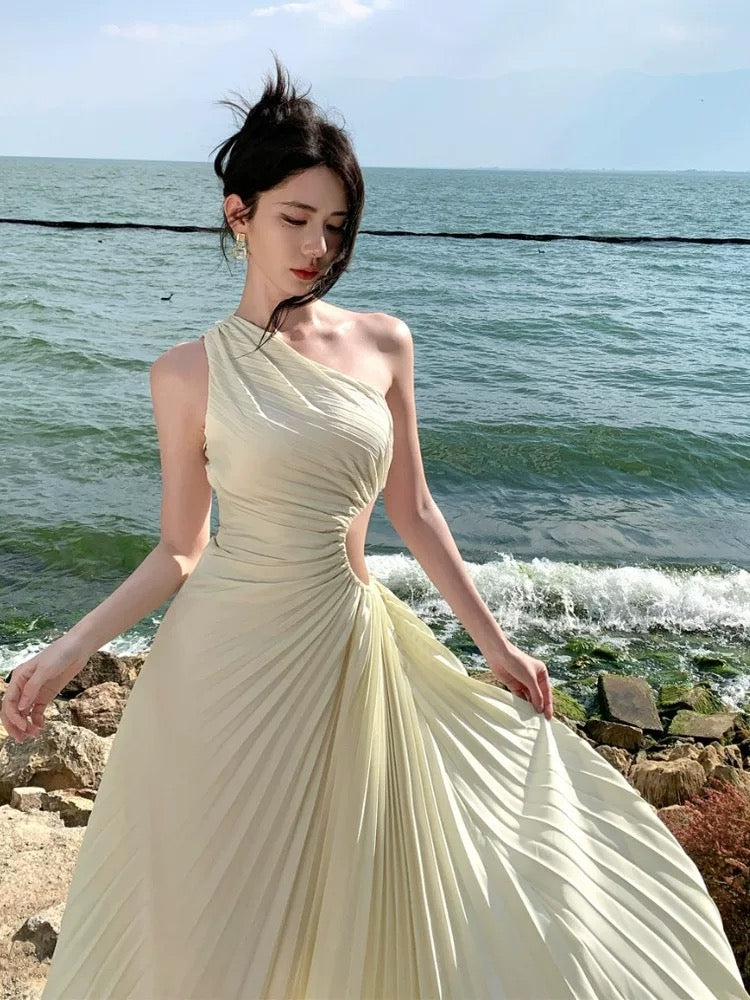 Modest A line One Shoulder Ivory With Ruffled Date Floor Length Night Evening Outfit Formal Prom Dresses RB5666