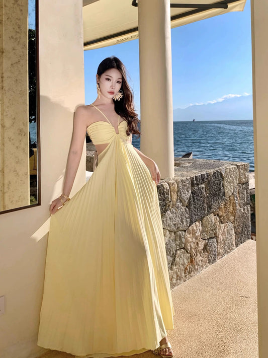 Glamorous A line Halter Yellow Chiffon Backess With Ruffled Date Floor Length Night Evening Outfit Formal Prom Dresses RB5669