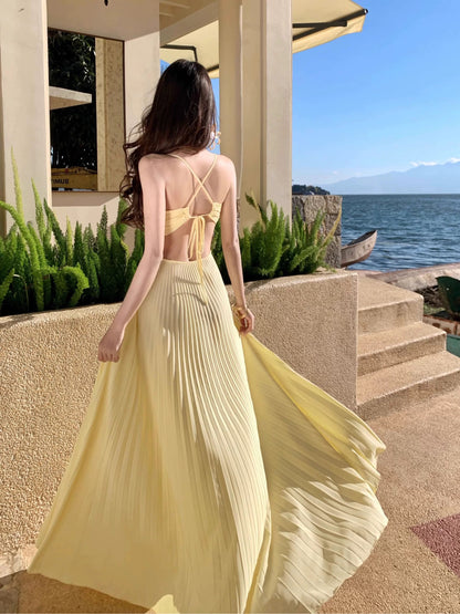 Glamorous A line Halter Yellow Chiffon Backess With Ruffled Date Floor Length Night Evening Outfit Formal Prom Dresses RB5669