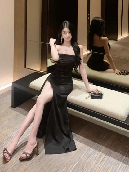 Sexy Mermaid Strapless Black Tie Dress With Ruffled Slit Date Floor Length Night Evening Outfit Formal Prom Dresses RB5670