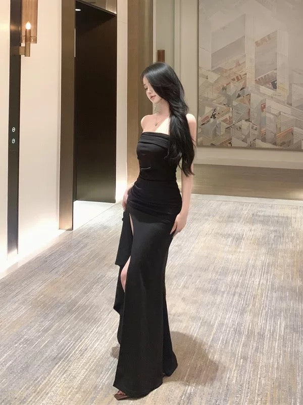 Sexy Mermaid Strapless Black Tie Dress With Ruffled Slit Date Floor Length Night Evening Outfit Formal Prom Dresses RB5670