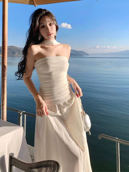 Sexy A Line Strapless White Chiffon With Ruffled Scarf Date Floor Length Night Birthday Outfit Formal Prom Dresses RB5671