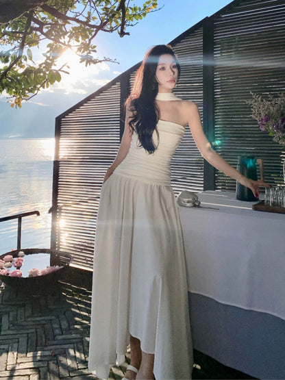 Sexy A Line Strapless White Chiffon With Ruffled Scarf Date Floor Length Night Birthday Outfit Formal Prom Dresses RB5671