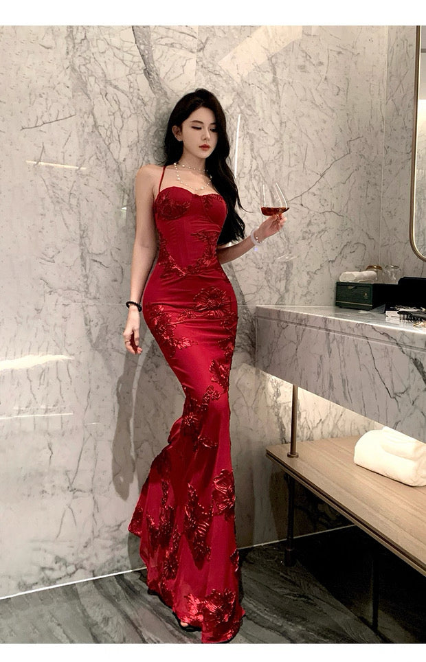 Sophisticated Mermaid Spaghetti Strap Red Lace Backless Date Night Outfits Formal Prom Gown Birthday Dresses RB5672