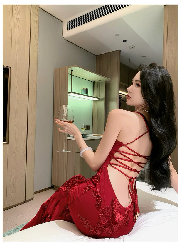 Mystical Mermaid Spaghetti Strap Red Lace Backless Date Night Outfits Formal Prom Gown 18th Birthday Dresses RB5673