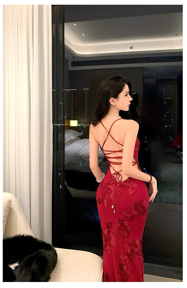 Sophisticated Mermaid Spaghetti Strap Red Lace Backless Date Night Outfits Formal Prom Gown Birthday Dresses RB5672