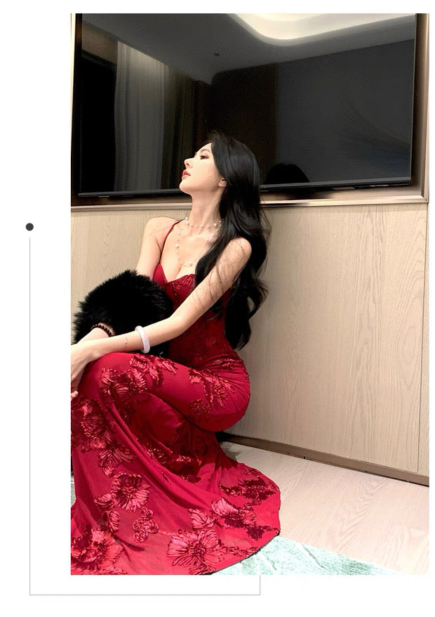 Mystical Mermaid Spaghetti Strap Red Lace Backless Date Night Outfits Formal Prom Gown 18th Birthday Dresses RB5673