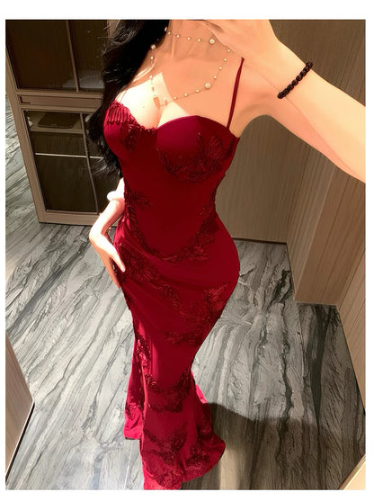 Mystical Mermaid Spaghetti Strap Red Lace Backless Date Night Outfits Formal Prom Gown 18th Birthday Dresses RB5673