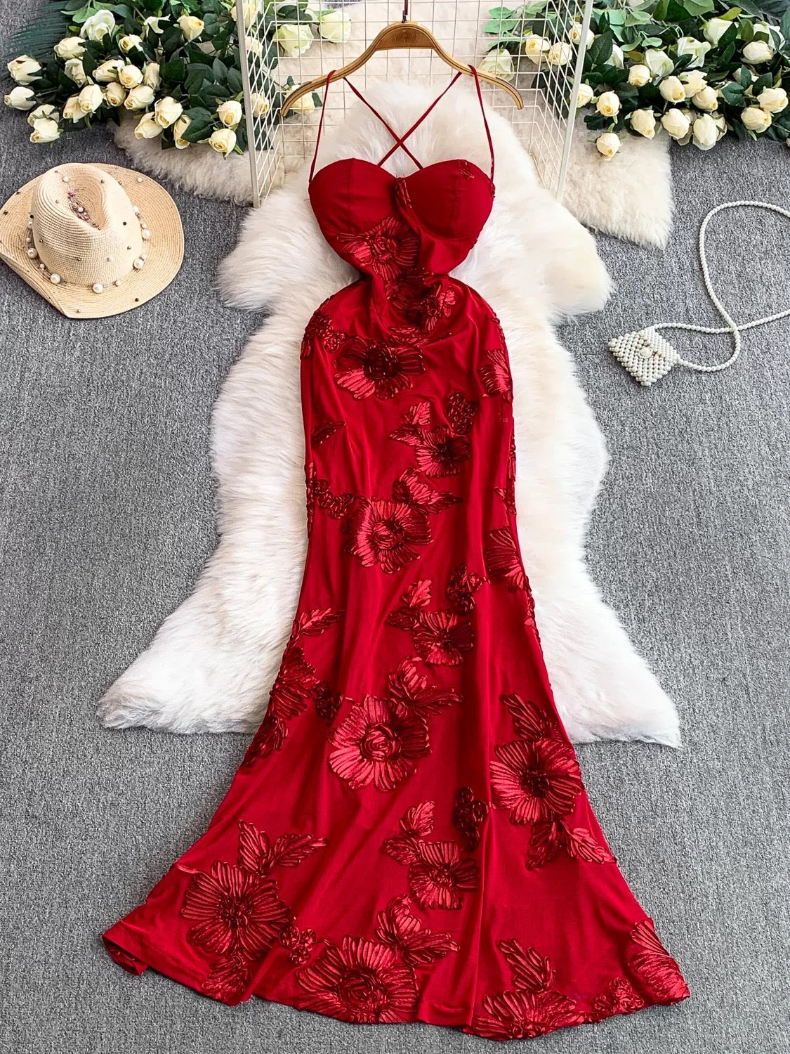 Mystical Mermaid Spaghetti Strap Red Lace Backless Date Night Outfits Formal Prom Gown 18th Birthday Dresses RB5673