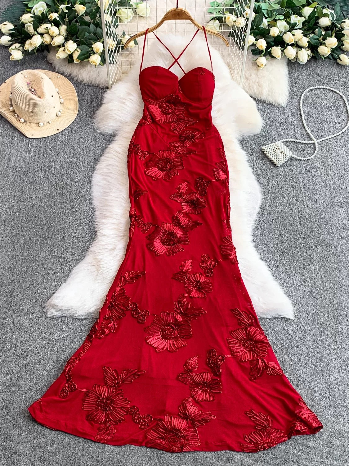 Mystical Mermaid Spaghetti Strap Red Lace Backless Date Night Outfits Formal Prom Gown 18th Birthday Dresses RB5673