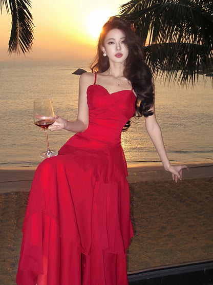 Sexy Mermaid Spaghetti Strap Red Chiffon With Ruffled Date Floor Length Night Birthday Outfit Formal Prom Dresses RB5678