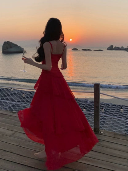 Sexy Mermaid Spaghetti Strap Red Chiffon With Ruffled Date Floor Length Night Birthday Outfit Formal Prom Dresses RB5678