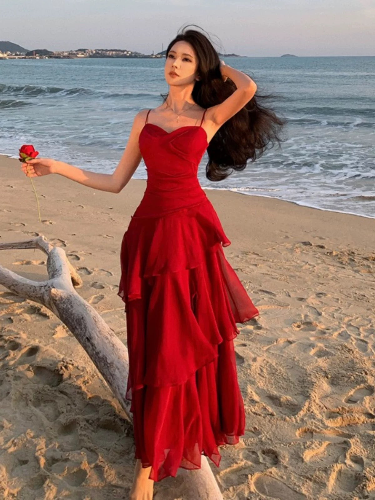 Sexy Mermaid Spaghetti Strap Red Chiffon With Ruffled Date Floor Length Night Birthday Outfit Formal Prom Dresses RB5678