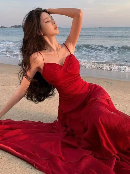 Mystical Mermaid Spaghetti Strap Red Chiffon Date Night Evening Birthday Outfit Formal Prom Dresses RB5677
