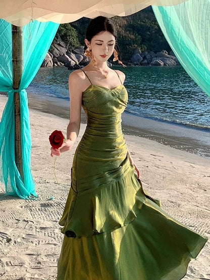 Mystical Mermaid Spaghetti Strap Red Chiffon Date Night Evening Birthday Outfit Formal Prom Dresses RB5677