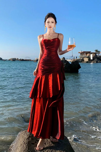 Mystical Mermaid Spaghetti Strap Red Chiffon Date Night Evening Birthday Outfit Formal Prom Dresses RB5677