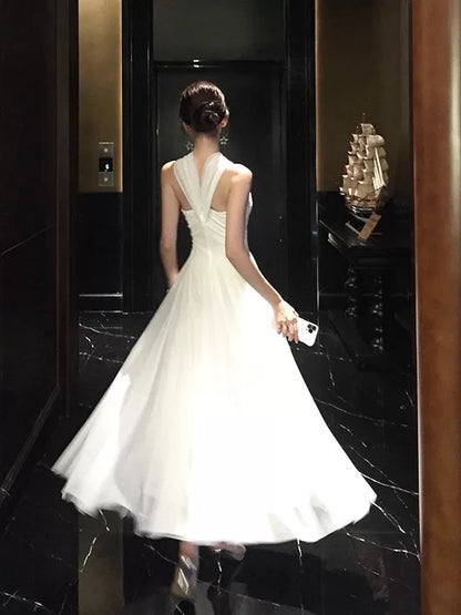Mystical A Line Halter White Chiffon Ankle Length Date Night Outfits Formal Prom Gown 18th Birthday Dresses RB5676
