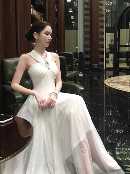 Mystical A Line Halter White Chiffon Ankle Length Date Night Outfits Formal Prom Gown 18th Birthday Dresses RB5676