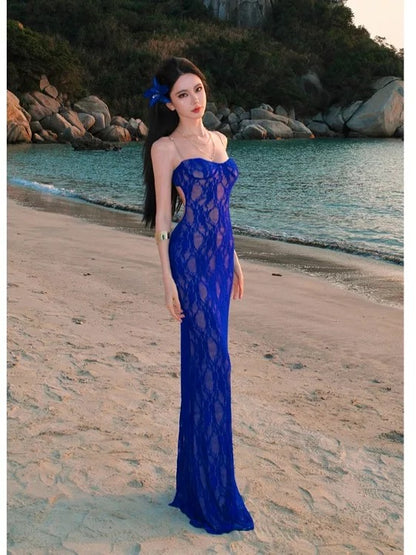 Sophisticated Mermaid Spaghetti Strap Royal Blue Lace Date Night Outfits Formal Prom Gown Birthday Dresses RB5663