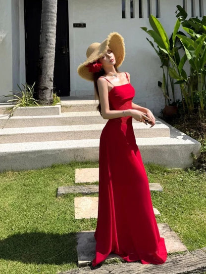 Mystical A Line Spaghetti Strap Red Chiffon Floor Length Date Night Outfits Formal Prom Gown 18th Birthday Dresses RB5680