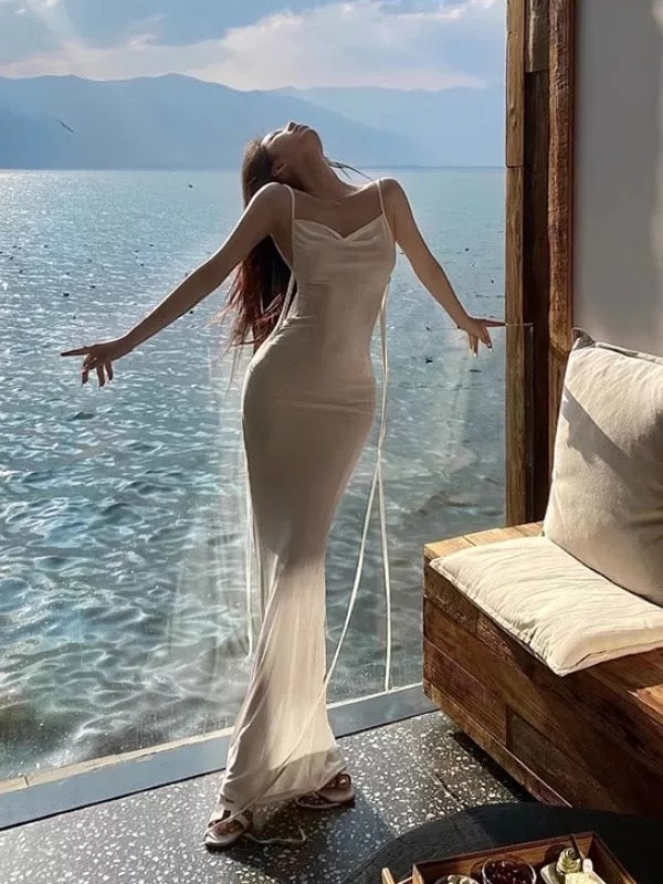 Mystical Mermaid Spaghetti Strap White Chiffon Floor Length Date Night Outfits Formal Prom Gown 17th Birthday Dresses RB5682