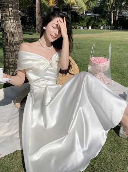 Mystical A Line Off The Shoulder White Satin Tea Length Date Night Outfits Formal Prom Gown 17th Birthday Dresses RB5681