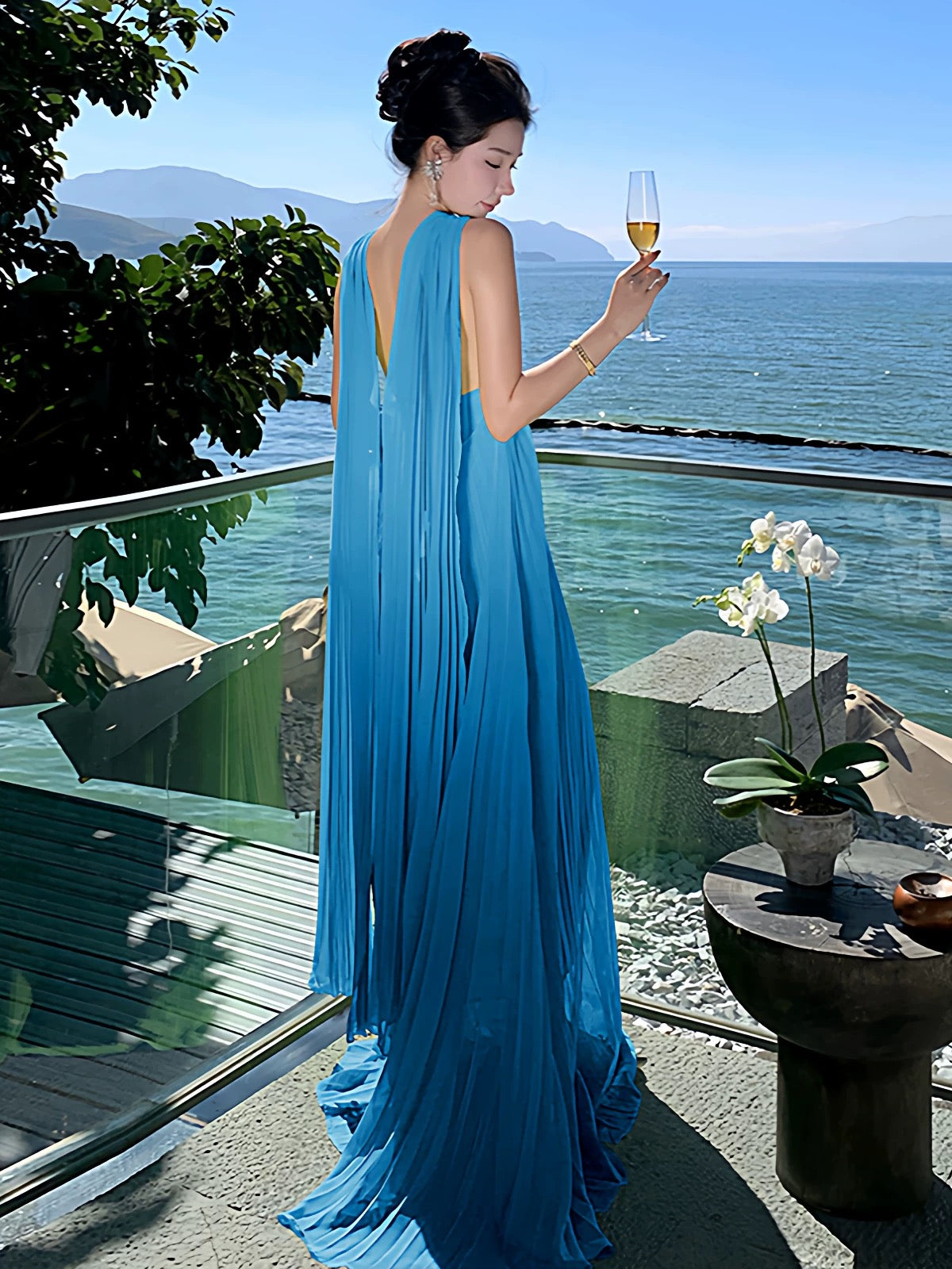 Mystical A Line Halter Blue Chiffon With Scarf Floor Length Date Night Outfits Formal Gown 18th Birthday Dresses RB5685