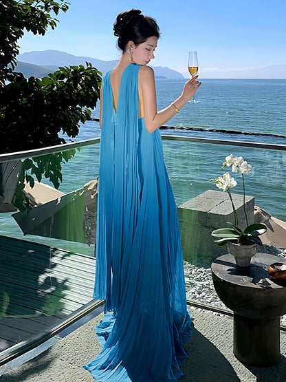 Mystical A Line Halter Blue Chiffon With Scarf Floor Length Date Night Outfits Formal Gown 18th Birthday Dresses RB5685