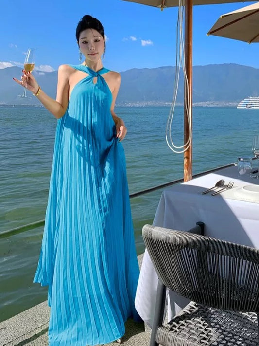 Mystical A Line Halter Blue Chiffon With Scarf Floor Length Date Night Outfits Formal Gown 18th Birthday Dresses RB5685