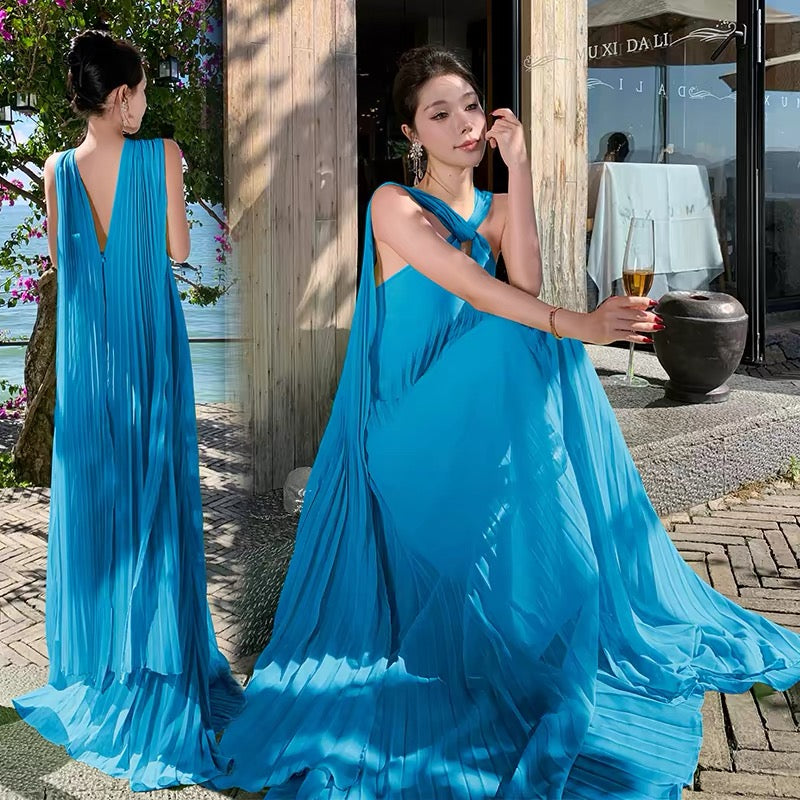Mystical A Line Halter Blue Chiffon With Scarf Floor Length Date Night Outfits Formal Gown 18th Birthday Dresses RB5685