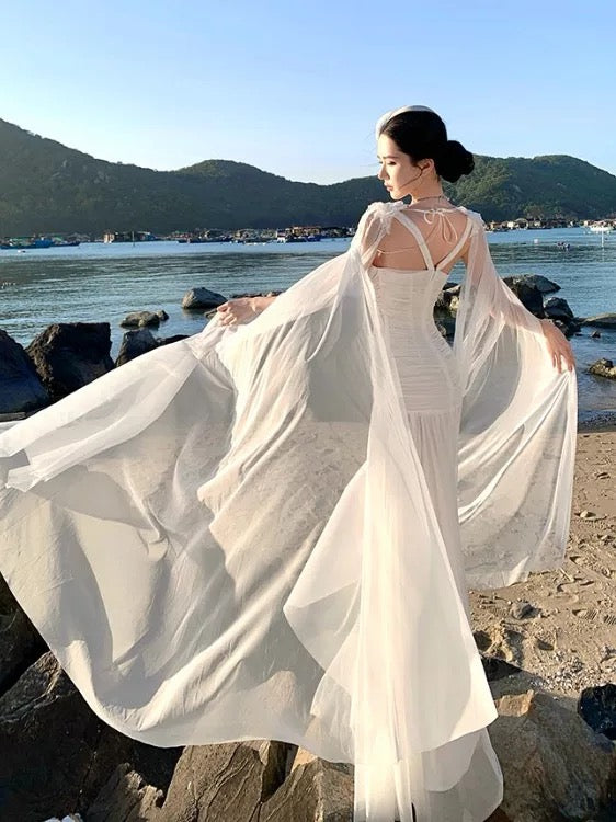 Mystical Mermaid Sweetheart White Chiffon Sleeveless Date Night Outfits Formal Prom Gown 17th Birthday Dresses RB5688