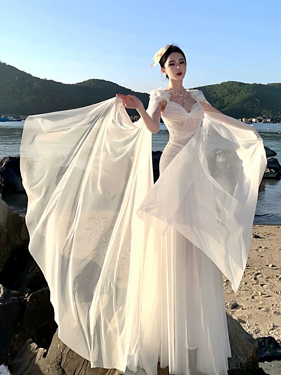Mystical Mermaid Sweetheart White Chiffon Sleeveless Date Night Outfits Formal Prom Gown 17th Birthday Dresses RB5688