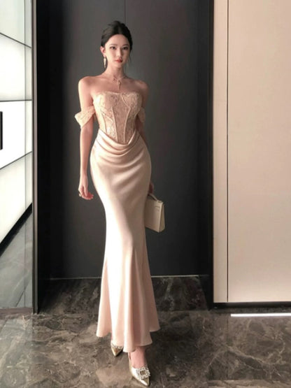 Sexy Mermaid Off The Shoulder Satin Lace With Sleeve Date Night Birthday Outfit Formal Prom Dresses RB5693