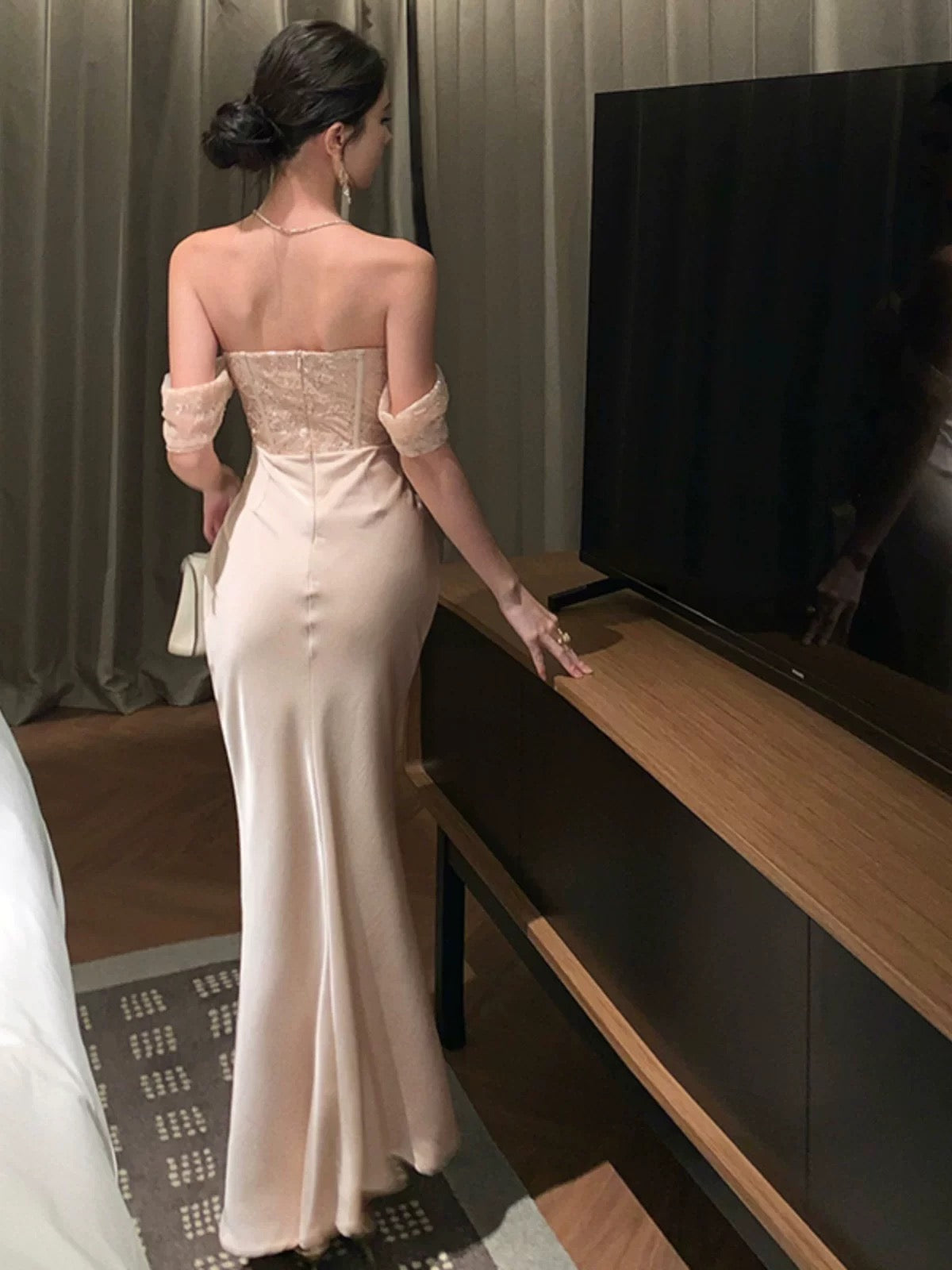 Sexy Mermaid Off The Shoulder Satin Lace With Sleeve Date Night Birthday Outfit Formal Prom Dresses RB5693