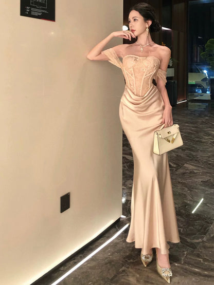 Sexy Mermaid Off The Shoulder Satin Lace With Sleeve Date Night Birthday Outfit Formal Prom Dresses RB5693