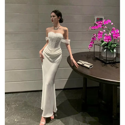 Sexy Mermaid Off The Shoulder Satin Lace With Sleeve Date Night Birthday Outfit Formal Prom Dresses RB5693