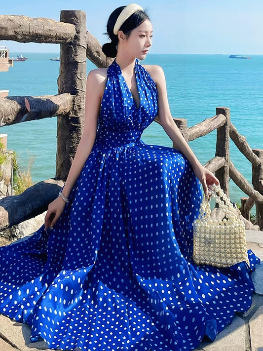 Sexy A line Halter Royal Blue Polka Dots Midi Length Date Night Birthday Outfits Formal Prom Dresses RB5694