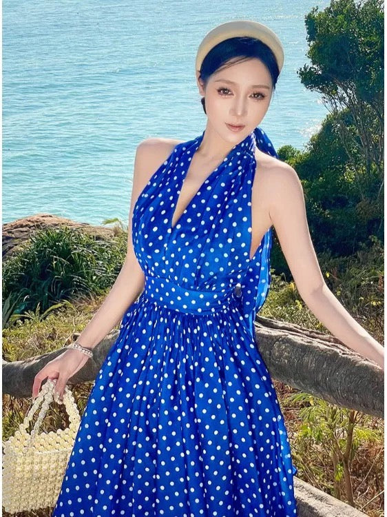 Sexy A line Halter Royal Blue Polka Dots Midi Length Date Night Birthday Outfits Formal Prom Dresses RB5694