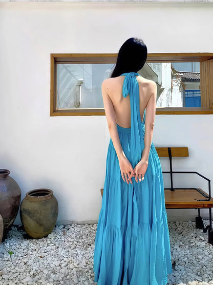 Mystical A line Halter Backless Blue Chiffon Date Night Evening Birthday Outfit Formal Prom Dresses RB5695