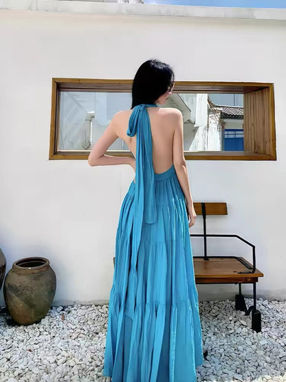 Mystical A line Halter Backless Blue Chiffon Date Night Evening Birthday Outfit Formal Prom Dresses RB5695