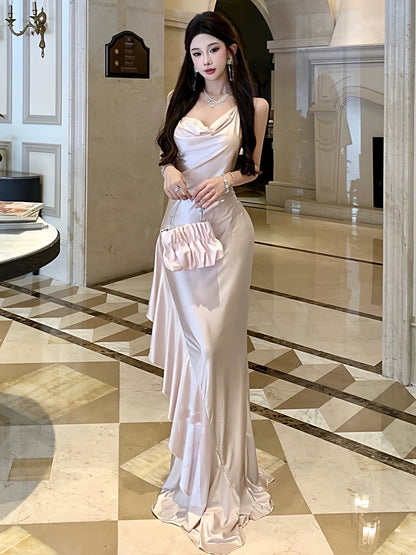 Modest Mermaid Halter Pink Satin Backless Sleeveless Date Night Outfits Formal Prom Gown 19th Birthday Dresses RB5696