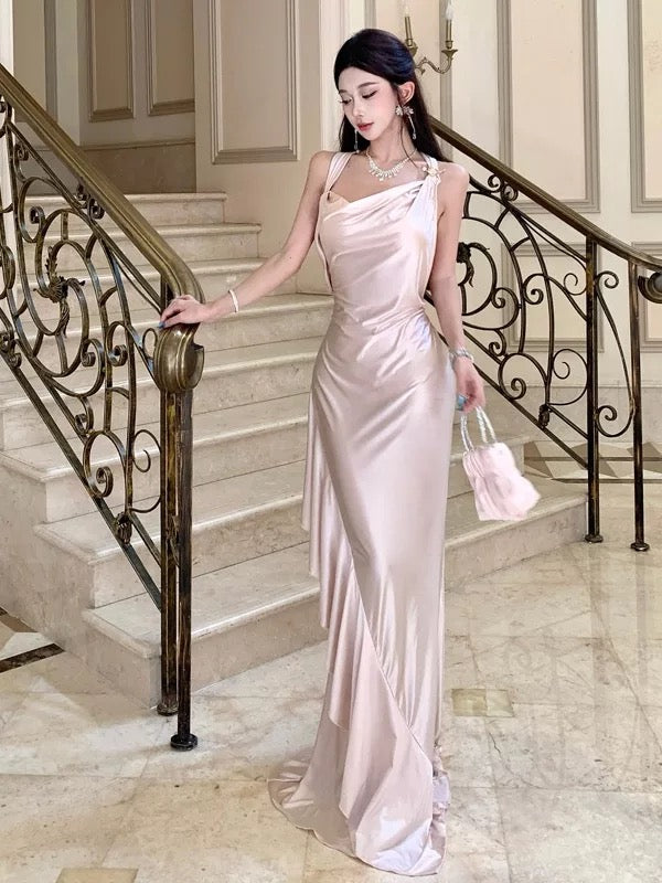 Modest Mermaid Halter Pink Satin Backless Sleeveless Date Night Outfits Formal Prom Gown 19th Birthday Dresses RB5696