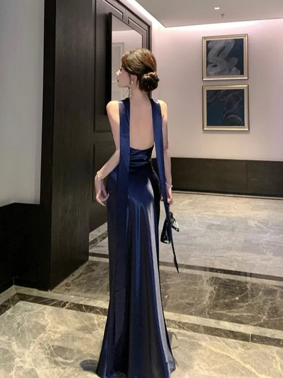 Sexy Mermaid Halter Navy Blue Satin Floor Length Date Night Birthday Outfits Formal Prom Dresses RB5696