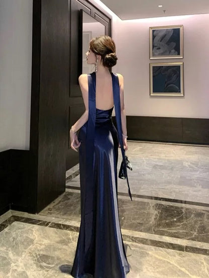 Sexy Mermaid Halter Navy Blue Satin Floor Length Date Night Birthday Outfits Formal Prom Dresses RB5696