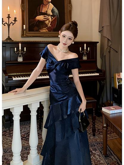 Sexy Mermaid Off The Shoulder Navy Blue With Ruffled Date Night Outfits Semi Formal Evening Wedding Guest Dresses RB5365