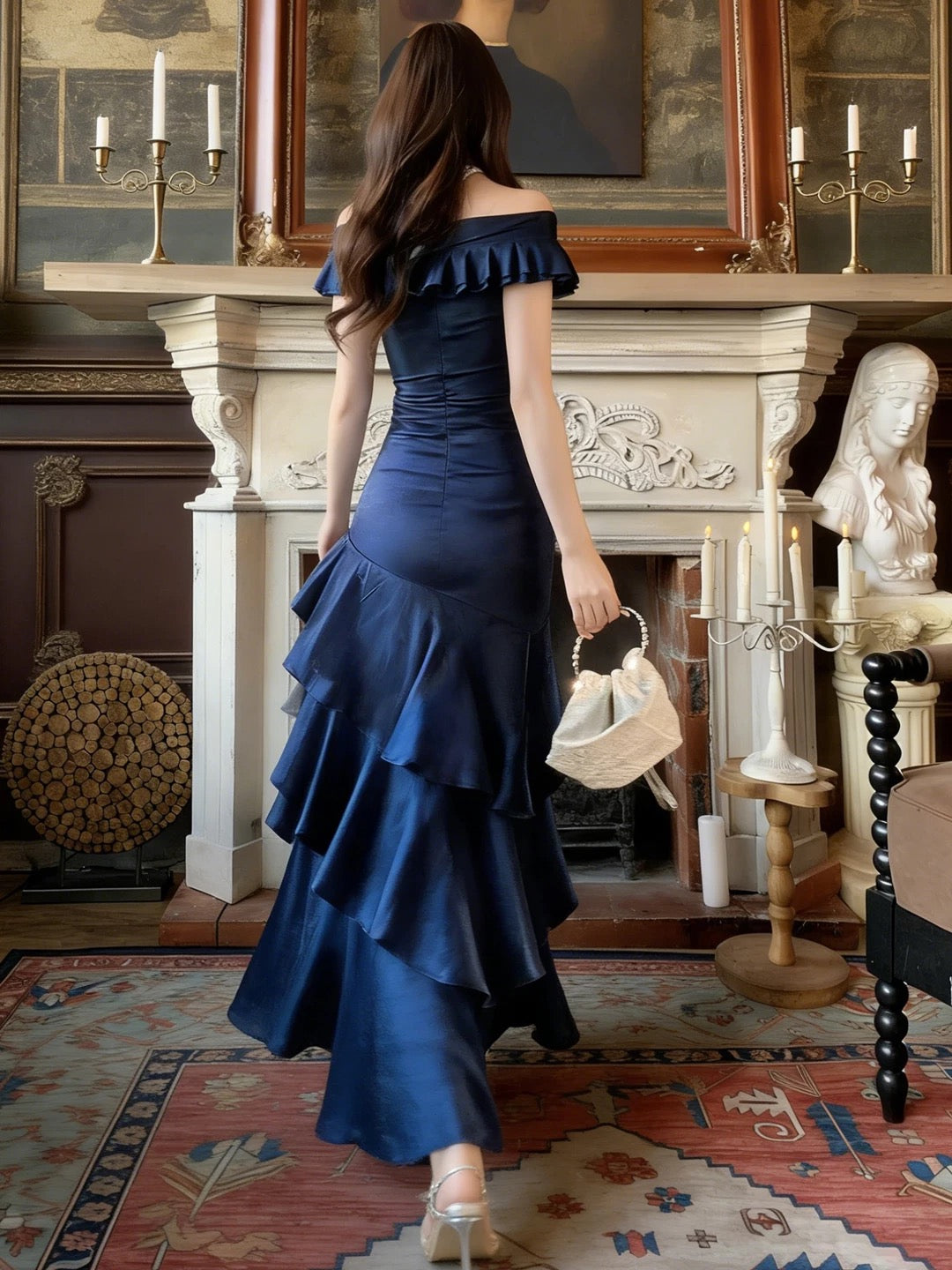 Ethereal Women's Mermaid Off The Shoulder Navy Blue Maxi Dress Date Night Outfits Outdoor Semi Formal Wedding Guest Dresses RB5119