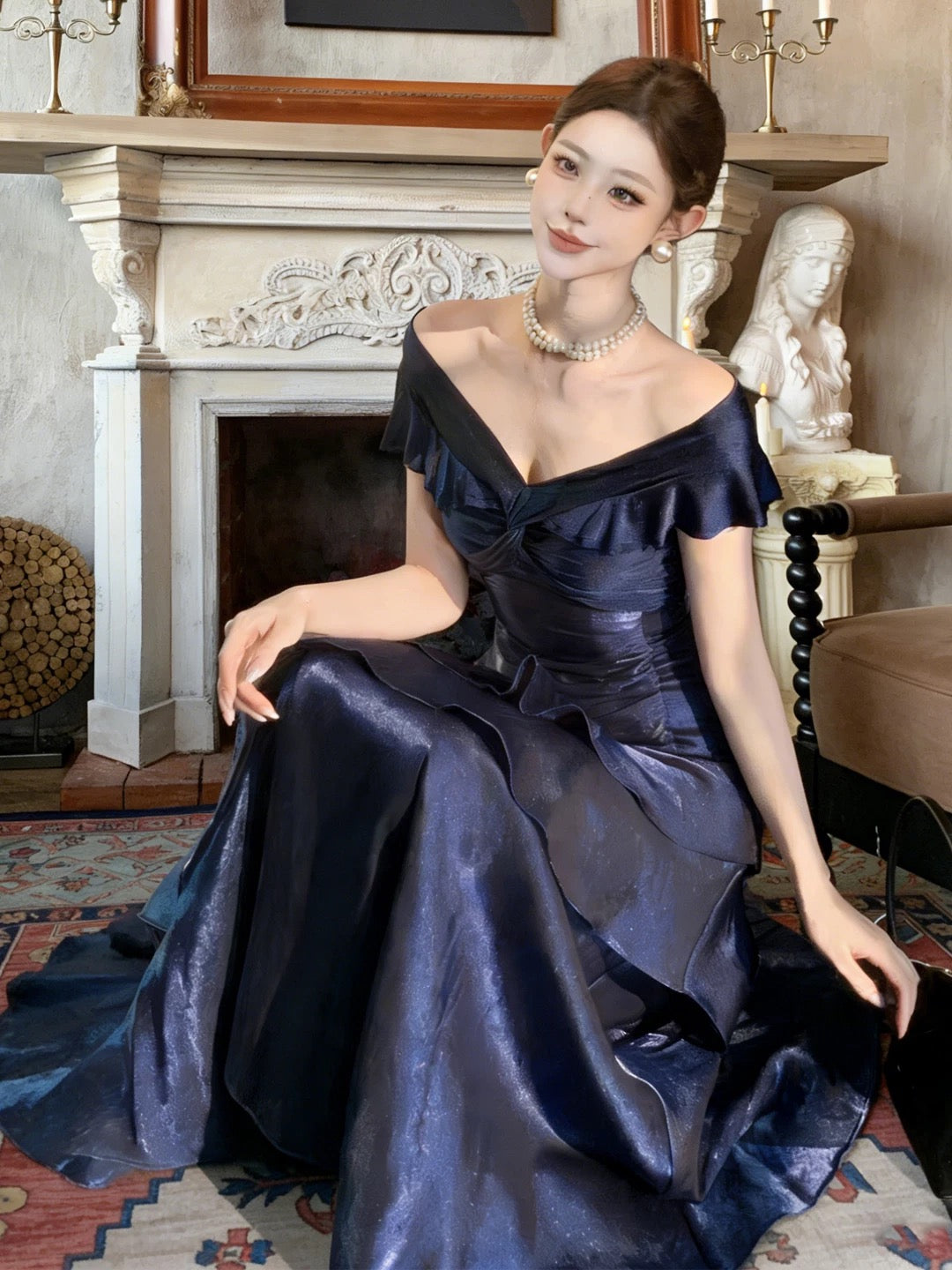 Ethereal Women's Mermaid Off The Shoulder Navy Blue Maxi Dress Date Night Outfits Outdoor Semi Formal Wedding Guest Dresses RB5119